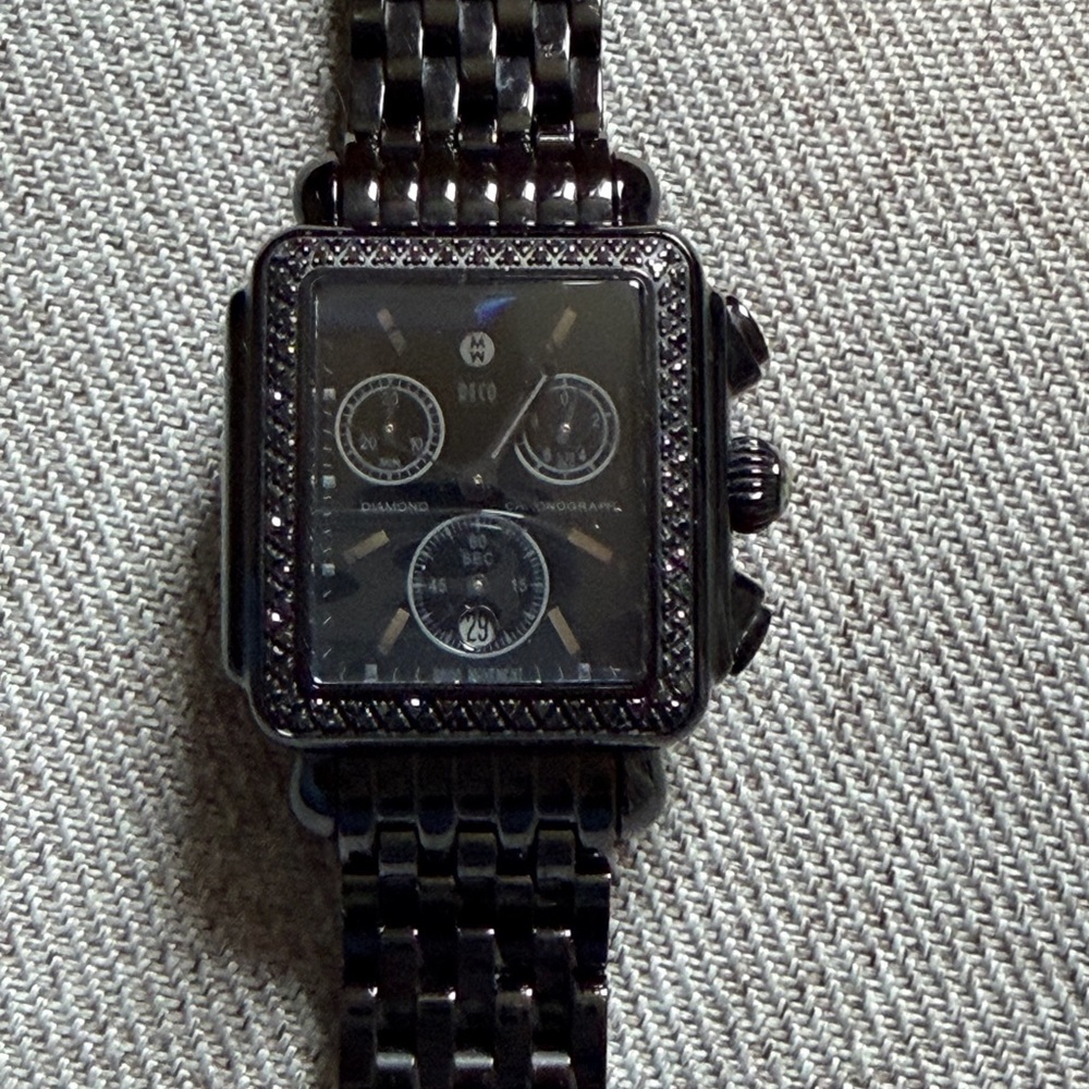 Michele Deco Diamond Chronograph Black On Black Women’s’ Watch - Picture 3 of 13